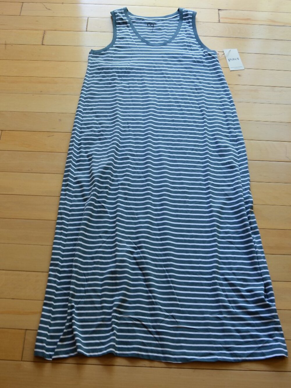 Pact Women's Costa Mesa Stripe Deep Aqua Tank Midi Dress Size M NWT